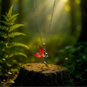 Silver Fairy Pendant Necklace w/Red Wings 🧚🏻‍♀️